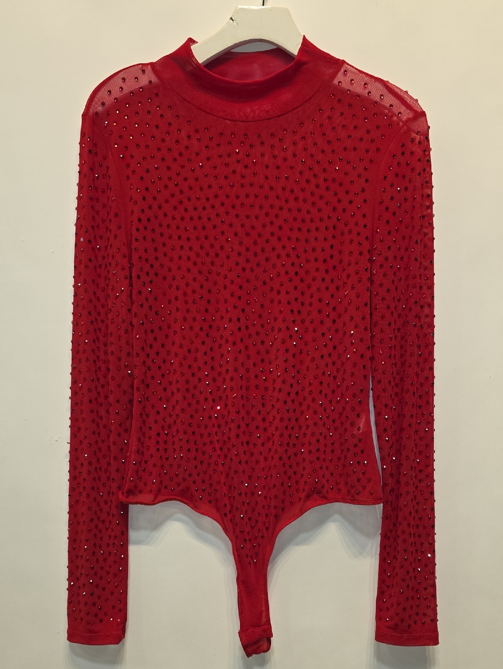 Red Embellished Sheer Long-Sleeve Bodysuit